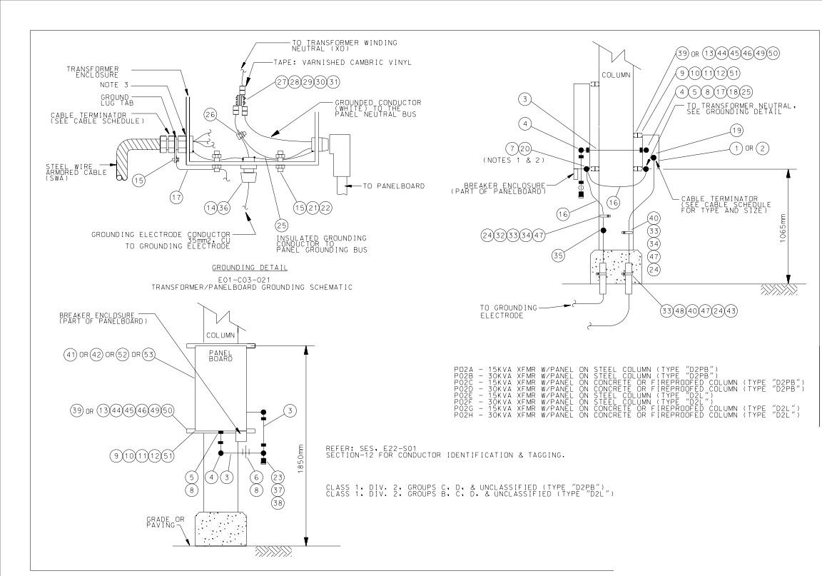 BELOWGROUND FEED-STEEL WIRE ARMOR CABLE - COLUMN MOUNTED PANELBOARD AND TRANSFORMERS