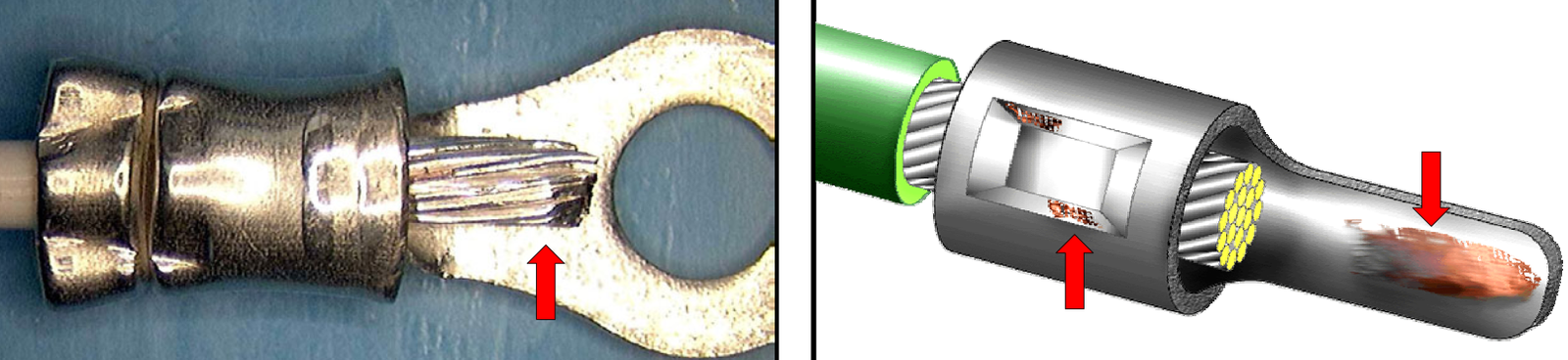 CRIMPED TERMINATIONS UNACCEPTABLE EXCESSIVE CONDUCTOR LENGTH | UNACCEPTABLE EXPOSED BASE METAL