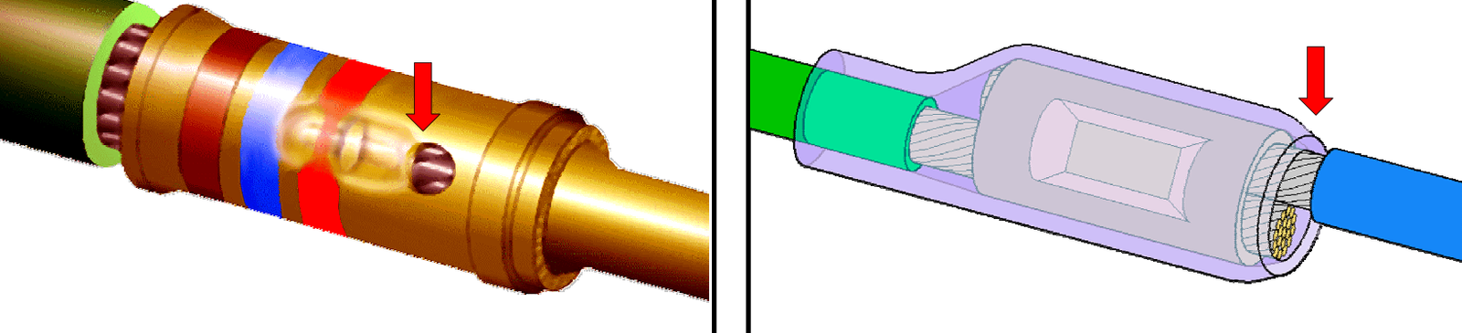 UNACCEPTABLE IMPROPER CRIMP LOCATION (INSPECTION HOLE)   -      UNACCEPTABLE IMPROPER HEAT SHRINK LENGTH 