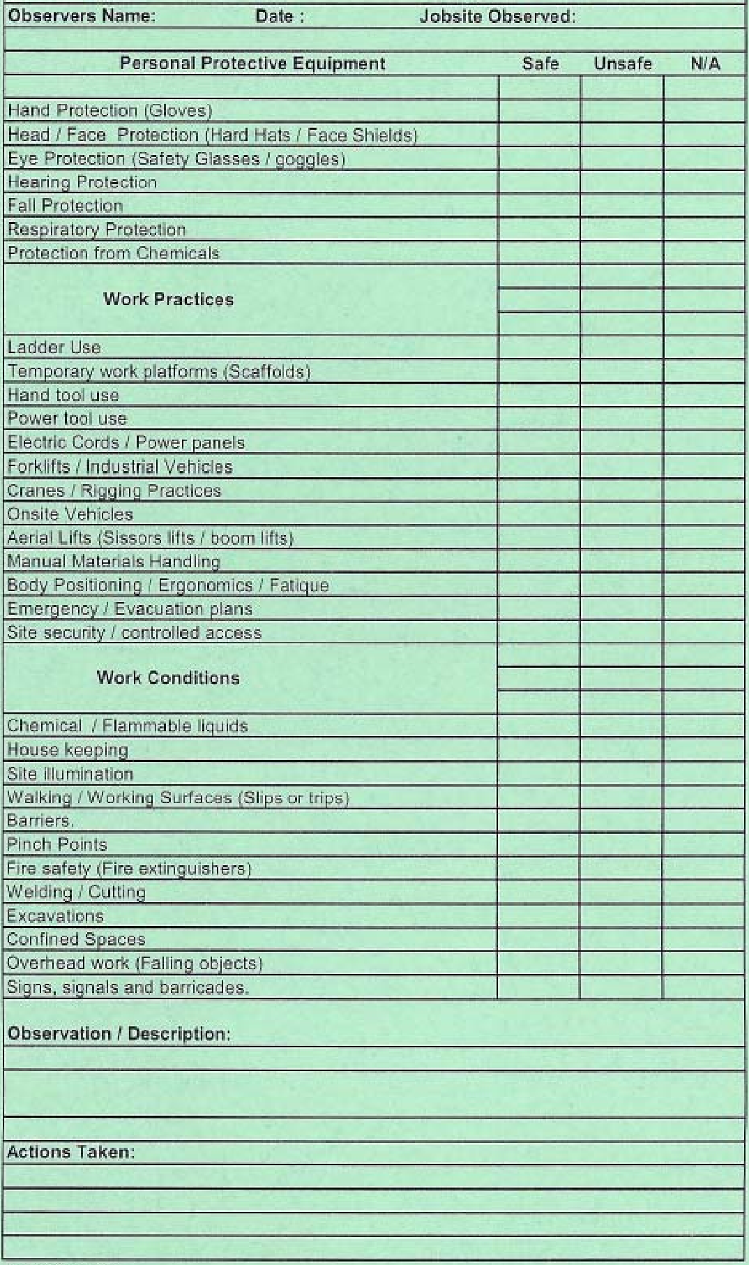 Construction Safety Observation Report