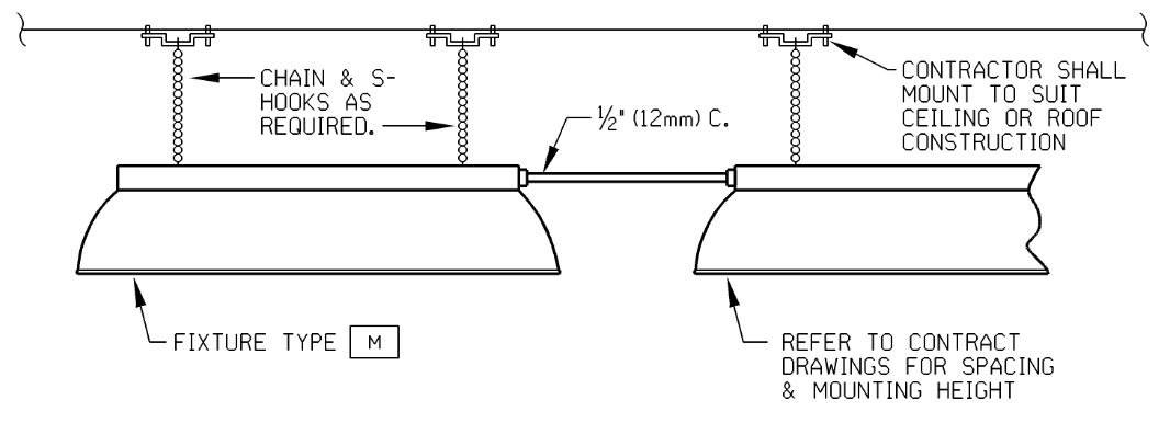 TYPICAL FLUORESCENT CHAIN HANGER INSTALLATION FOR A MAXIMUM OF THREE FIXTURES