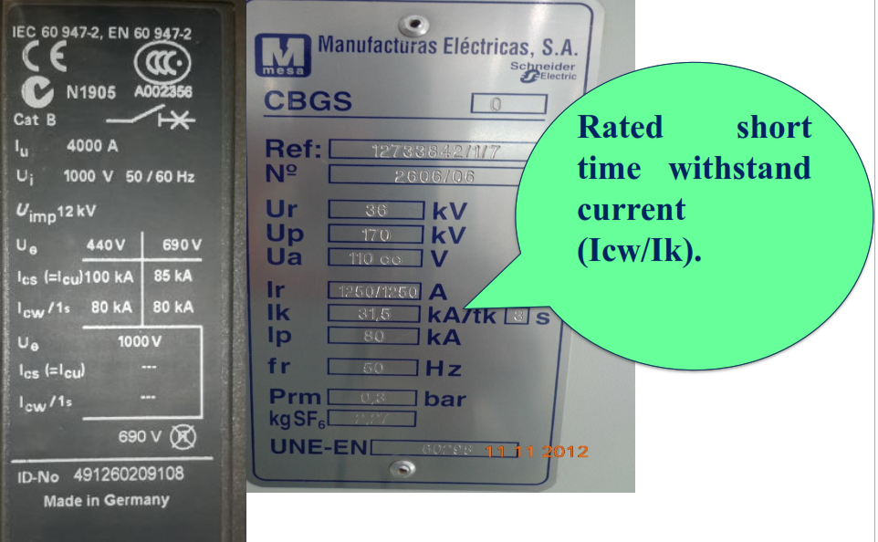 Rated short time withstand current (I cw).