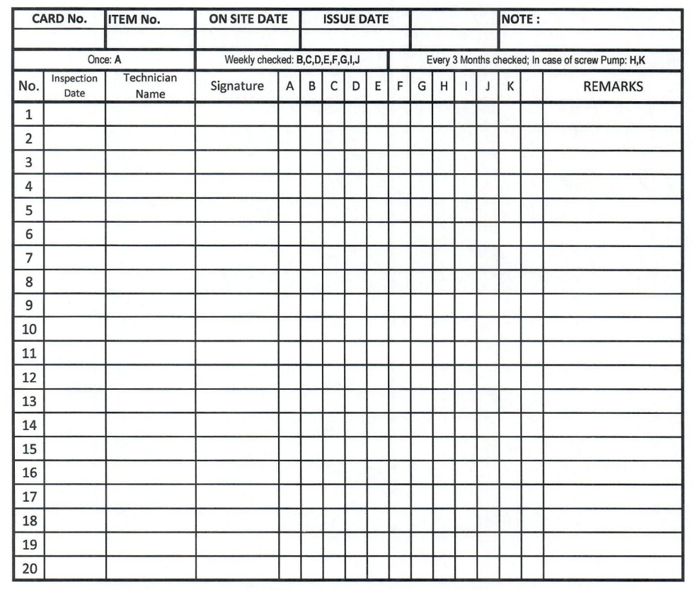 PRESERVATION MAINTENANCE LOG CARD (RECIPROCATING PUMP)