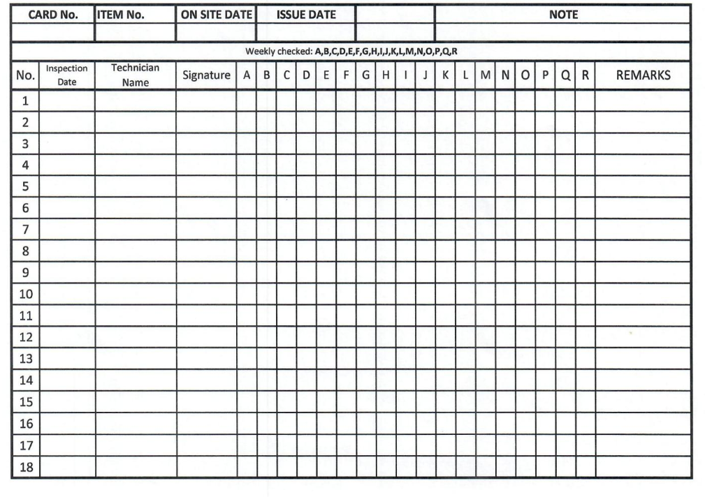 PRESERVATION MAINTENANCE LOG CARD (AIR FIN FAN COOLER)