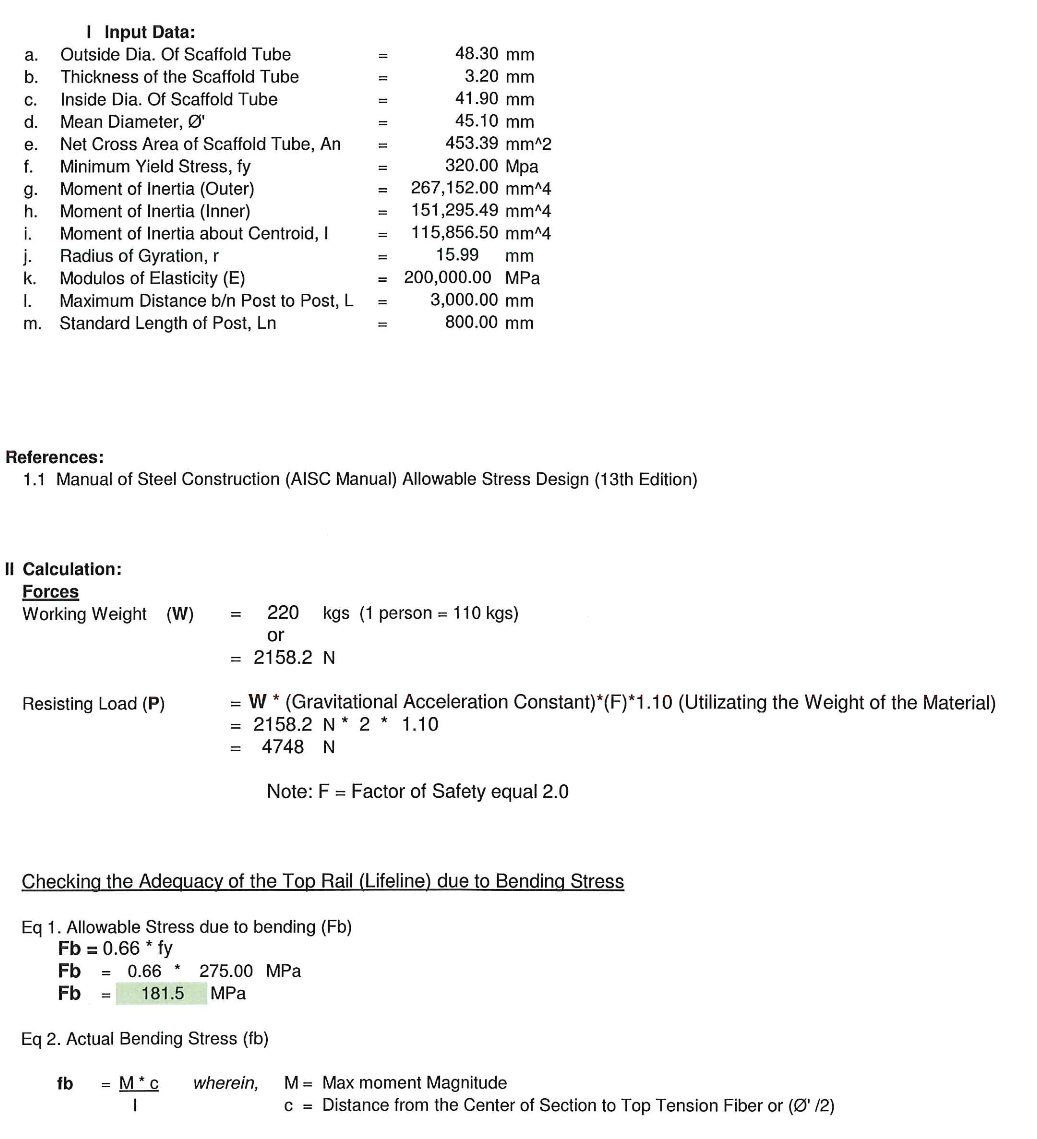 Design Calculation for the Adequacy of the Scaffold Lifeline for Fall Arrest System