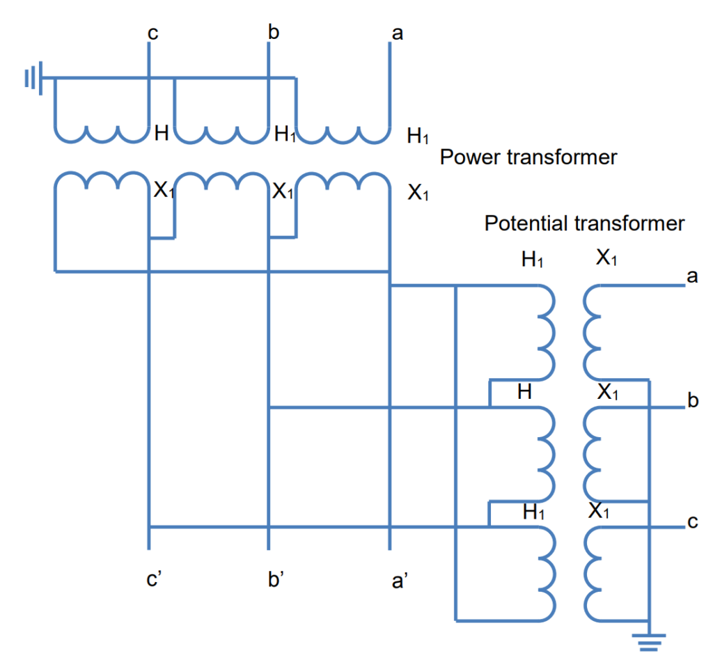 Figure 14. Voltage transformer connections on low-voltage side of wye-delta power transformer for use with distance protection relays