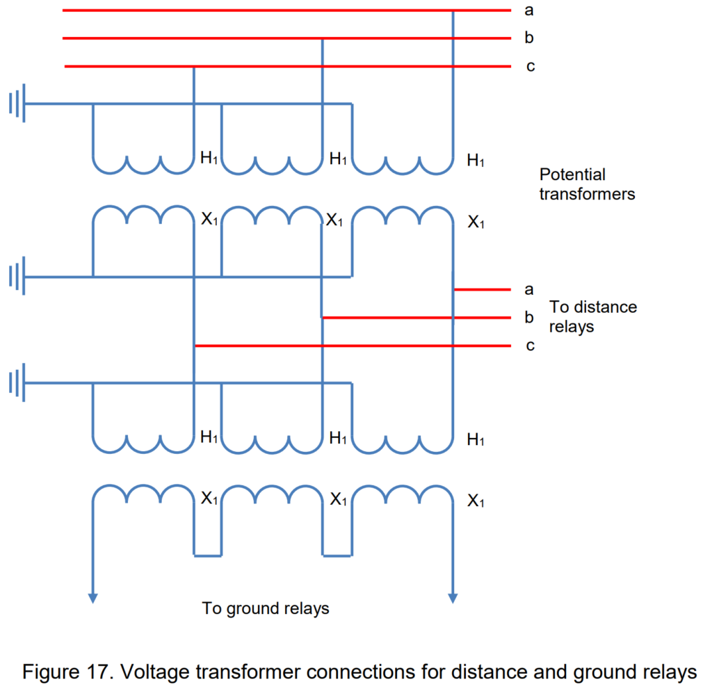 Figure 17. Voltage transformer connections for distance and ground relays